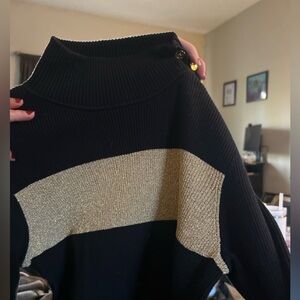 Ralph Lauren Vintage Black & Gold Metallic Sweater Button Shoulder Turtleneck.